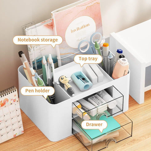 Marbrasse Pen Organizer with 2 Drawer, Multi-Functional Pencil Holder for Desk, Desk Organizers and Accessories with 5 Compartments + Drawer for Office Art Supplies (White) by Marbrasse
