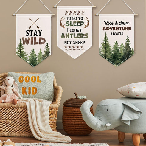 ChissNook Set 3, Woodland Nursery Canvas Banner of Adventure Hunting Nursery Hanging Pennant Banner Flags Wall Display