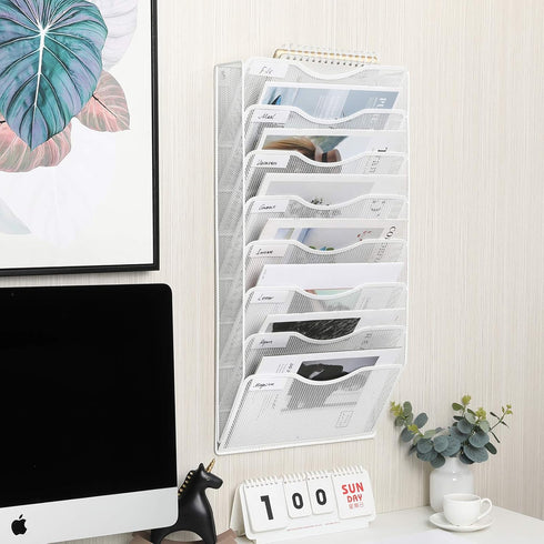 EasyPAG Office 8 Pocket Wall File Folder Holder, Hanging Organizer for Magazine Document Paper Rack, White.