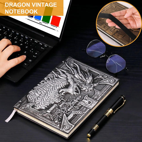 DND Dragon Notebook, 3D Embossed Leather Journal, A5 Vintage Travel Journal with Pen & Sleeve, D&D Handmade Diary