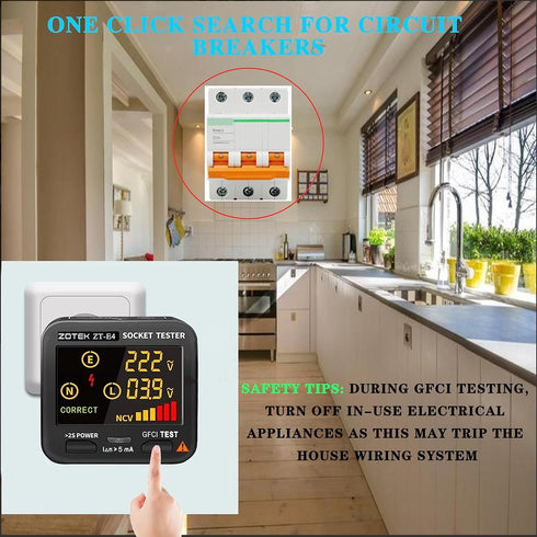 ZT-E4 Outlet Tester with LCD Color Screen: 3-Wire AC 120V Circuit Breaker Finder Tool