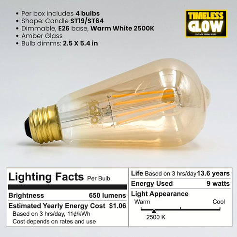 4 Pack Dimmable ST19/ST64 Bulb 9W 60W 650 2500K E26 CRI90 LED Edison Equivalent Lumens Soft Amber Base Amber Glass