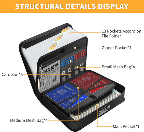 JUNDUN Accordion File Organizer with Lock, 13 Pockets, Fireproof Document Organizer with Handle & Zipper for Letter A4