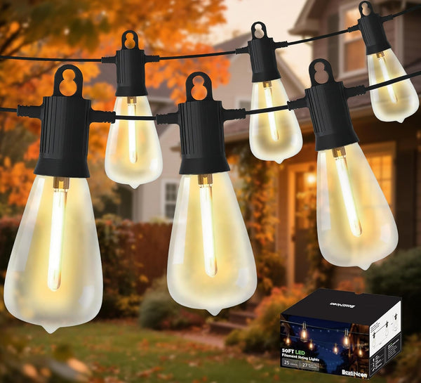 LED Outdoor String Lights 50FT, Waterproof Patio Lights with 27 (25+2 Spare