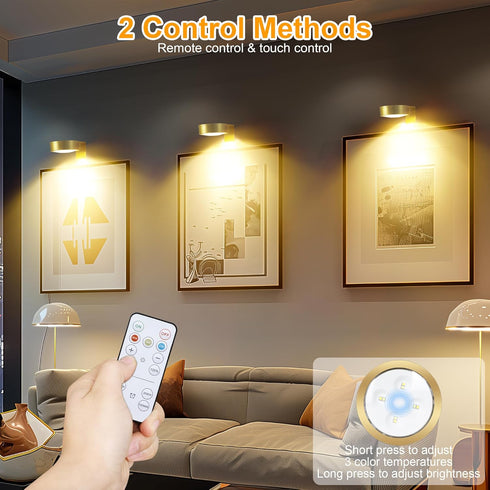 3Pcs Battery Operated Picture Light - Magnetic LED Art Display Light with Remote, Dimmable, Gold