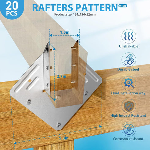 20 Pack Hurricane Tie, 18-Gauge Strong Galvanized Joist Hangers, Rafter Tie Brackets for Roofing Trusses and Timber