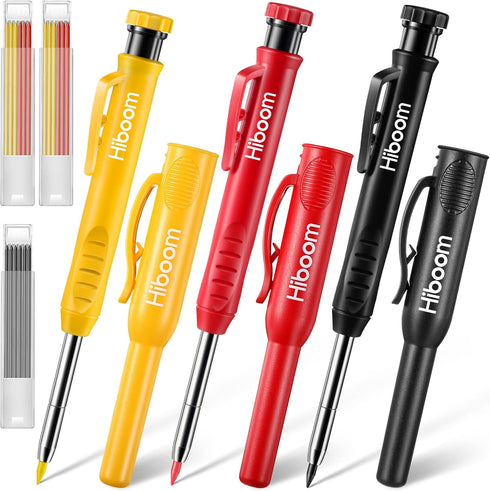Hiboom 3 Pack Solid Carpenter Pencil with Cap and 21 Pcs Refills, Deep Hole Mechanical Pencil Marker for Woodworking