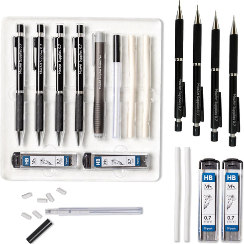 MozArt Mechanical Pencil Set 0.7mm with Case, Includes 2 x 30 HB Lead Refills, Eraser Pen for Sketching and Drafting
