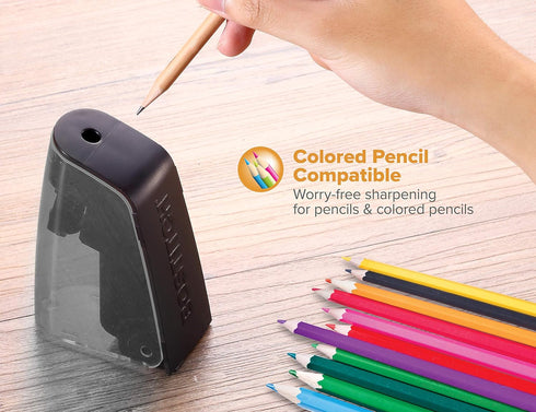 Bostitch Office Battery Pencil Sharpener, Hinged Tray, Colored Pencil Compatible, Black (BPS2-BLACK) and Blue