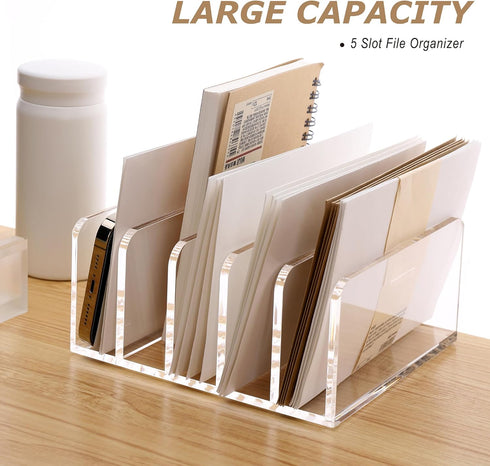 SANRUI Acrylic Desk File Organizer Holder, 5 Upright Clear Desktop Mails Sorter, Document Magazine Storage for Home,