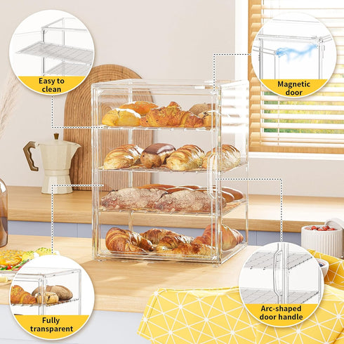 Awelov Countertop, 4 Bread Box for Kitchen Layers Pastry Display Case with Magnetic Door, Adjustable Clear Bread