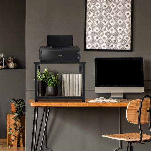 Under Desk Printer Stand - Classic Black 2-Tier Mobile Printer Table with Storage Shelf, Heavy Duty Wood Cart with
