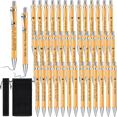 Bible Verse Bamboo Ballpoint Pen, Retractable Christian Pen with Black Ink, Inspirational Scripture, Velvet Bags (48
