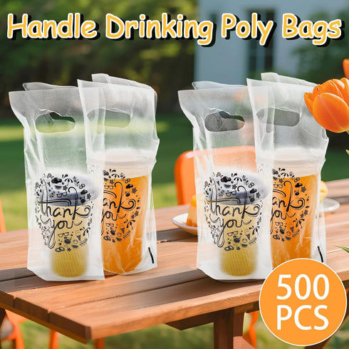 500 Pack 1-Cup Packaging 11.2 6 Lawei Handle Drinking Poly Bags, Clear Plastic Drinking Bags with Handle for Delivery