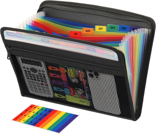 H4D Accordion File Organizer, 13 Pocket Zippered Expanding File Folder with Front Mesh Pouch for A4 Documents, Black
