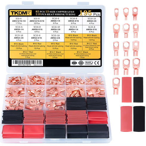 TKDMR 195Pcs Copper Wire Lugs AWG2 4 6 8 10 12 with Heat Shrink Set for Battery Cable Ends