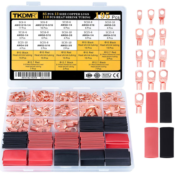 TKDMR 195Pcs Copper Wire Lugs AWG2 4 6 8 10 12 with Heat Shrink Set for Battery Cable Ends
