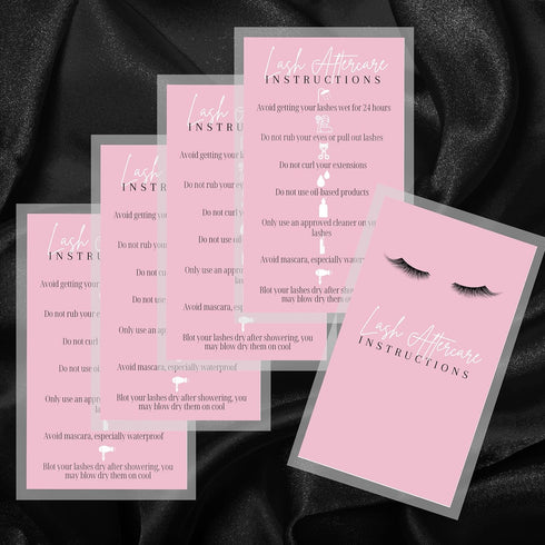 Lash Extension Aftercare Instructions Cards, 50 Pack, 2x3.5" Business Card Size, Pink Card Design