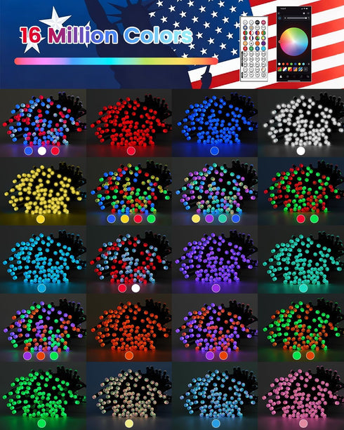 200LED 4th 82FT Smart of July String Lights | App Controlled Red White and Blue Lights, Waterproof Patriotic RGB Color