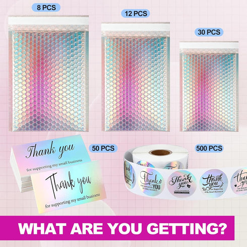 Xvvirnt 50 Pcs Holographic Bubble Mailers,Metallic Bubble Mailers With Thank You Cards and Stickers,Poly Padded