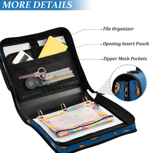 Fisyme 3 Milk Bottles Cookies Blue Zipper Binder Ring with Zipper and Shoulder Strap Large Capacity Multi-Pocket Binder