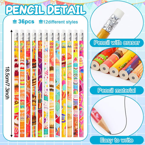 JUNEBRUSHS 72pcs Silicone Wristbands Happy Birthday Rubber Bracelets Pencils Set Bulk Party Favors for Kids Teachers