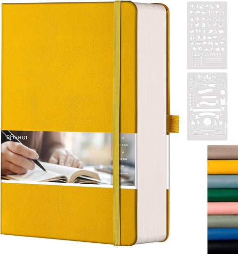 EMSHOI Dotted Journal Notebook, 320 Pages A5 Hardcover Leather Journal for Writing, 5.75" x 8.38" (Yellow)