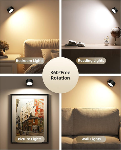 Bedroom,3 Control,360Rotation Dimmable (2 Pack) LED Wall Mounted Lights,Rechargeable Wall Sconces Lamp for Color Temps