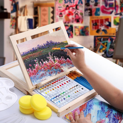 Set 54 Set 24 Wooden Tabletop Art Easel for Painting, Pieces Starter Acrylic Paint with Colors Acrylic Paints