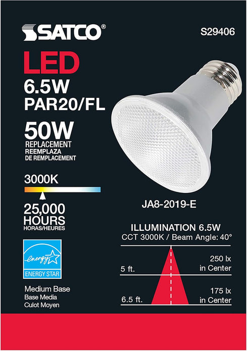 Satco S29406 6.5 Watt PAR20 LED, 3000K, 120 Volt, 6-Pack California Compliant, Replaces S9406