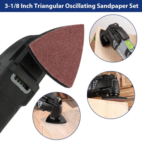 WORKPRO 150PCS Triangle Sanding Pads, 3-1/8 Inch Hook and Loop for Oscillating Multi Tool, 40/60/80/120/180/240 Grit