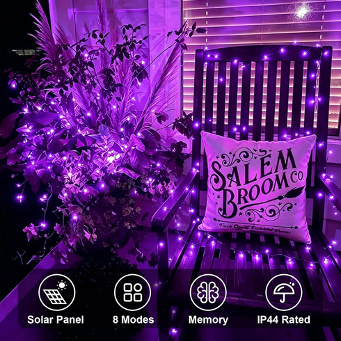 2 Pack 66ft 200 8 QITONG Solar Fairy Lights Outdoor Waterproof, Each LED Purple Christmas String Lights, Silver Wire