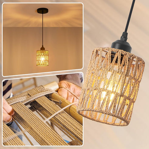 Rattan Chandelier Pendant Lights Kitchen Island,Farmhouse Boho Chandeliers Adjustable Height Hanging lamp for Dining