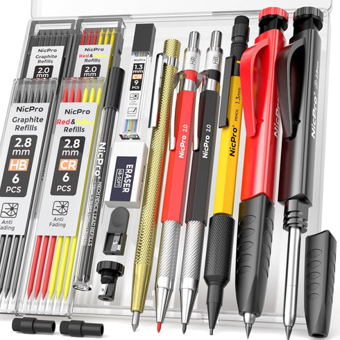 Nicpro 17 Pack Carpenter Pencil Set with Sharpener, Mechanical Pencils with 57 Refills, Heavy Duty Construction
