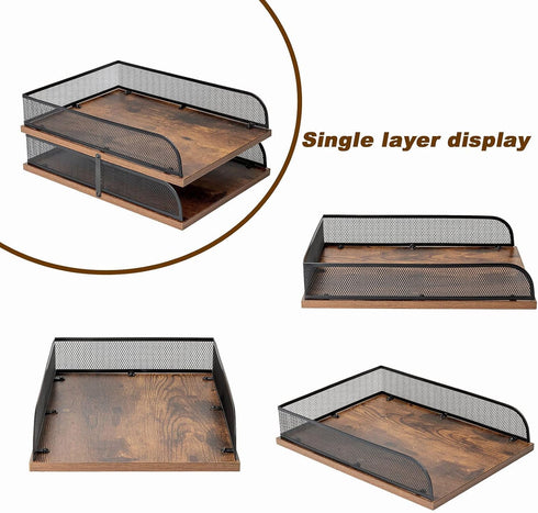 Set of 2 Vintage Black Wood & Metal Letter Tray, Desk Organizers Paper Tray, Office File Organizer