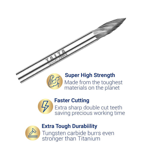 10PC Double Cut Carbide Burr Set - 0.118" (3mm) Shank, Rotary Tool Cutting Burrs for Wood Carving, Metal Working