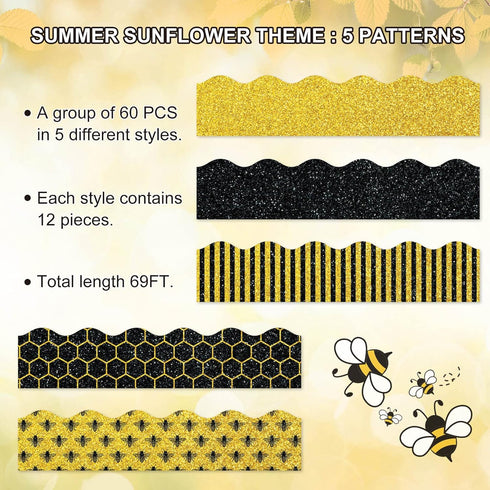 Whaline 69Ft Summer Glitter Bulletin Board Borders with 5 Designs for Bee Theme Decoration Trim for Classroom Office