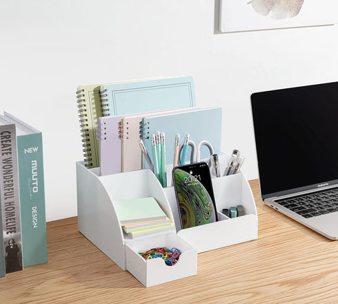 White Desk Organizer, 9 Compartments for Office Supplies and Desk Accessories, Pen Holder, Desktop Decor