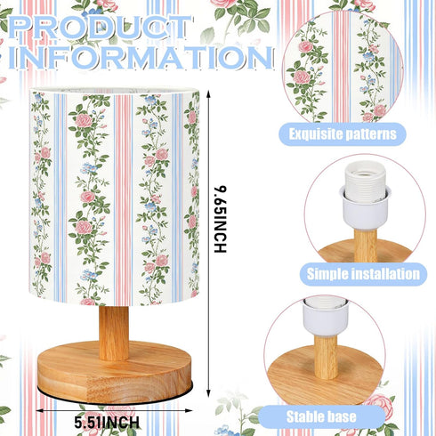 VIHOSE Pink Floral Kids Table Lamp for Bedroom Kids Bedside Lamp with Linen Wooden Nightstand Cartoon Nursery Lampshade