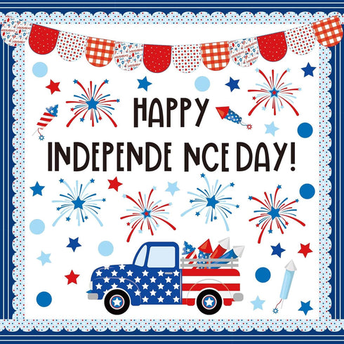 JarThenaAMCS 74Pcs Happy Independence Day Bulletin Board Kit - Patriotic Red Blue Star Truck Fireworks Cutouts