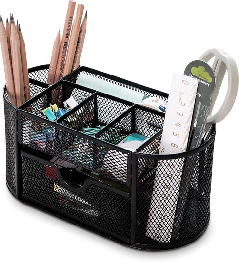 deli Black Mesh Desk Organizer with Drawer, Metal Stationary Caddy, 8 Compartments for Office Desktop Storage