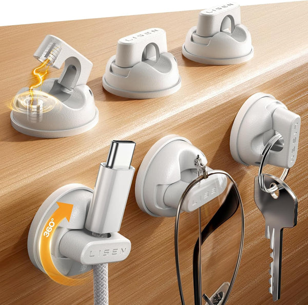LISEN 6-Pack Rotatable Cord Holder for Nightstand, 360Rotating Magnetic Clips, No-Residue Adhesive Cable