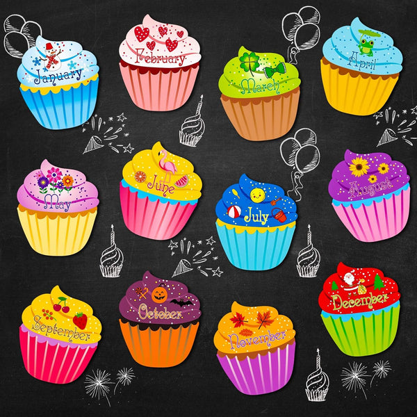 Blulu 12 Pcs Colorful Cupcake Cutouts, Birthday Classroom Bulletin Board Decorations, 9.6 x 11.6 Inches
