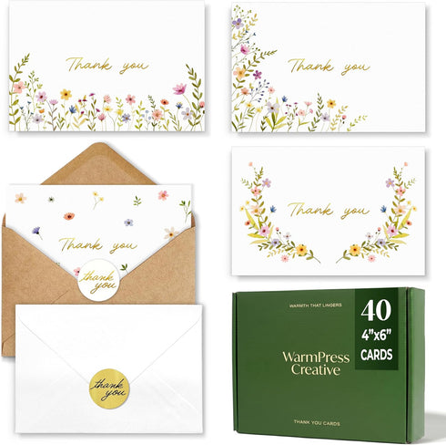 WarmPress Creative Floral Thank You Cards with Envelopes 40 Pack Bulk - 4x6 Gold