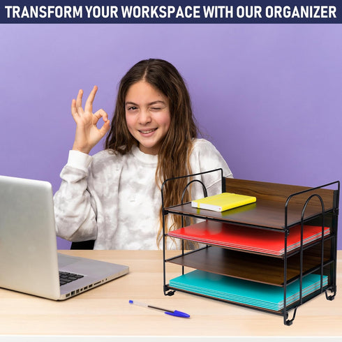 Office Organizer with 4 Tiers, Desk File Organizer with Wood Patterned Shelves for Storage of Paper, Bills, Letters