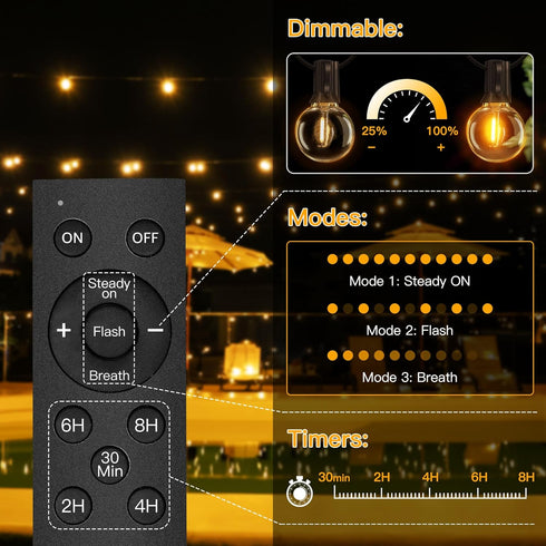 60FT Dimmable 3Modes 25 2 Bulb, G40 Ollny Solar Lights Outdoor, Waterproof Remote Control Timers String Light with LED