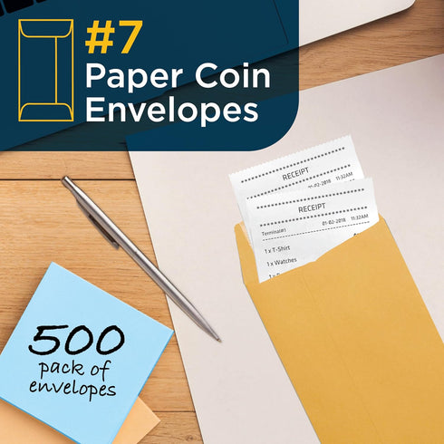 Guardian #7 Paper Coin Envelopes with Gummed Flaps, Pack of 500 for Coins and Small Parts Storage