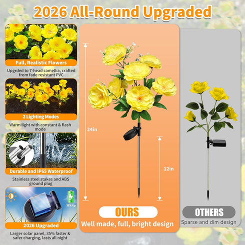 4PK 7-Stem 2 Neporal Solar Flowers Outdoor Waterproof, Yellow Camellia with Lighting Modes & Romantic Warm Light, Solar