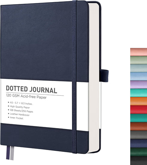 RETTACY Bullet Dotted Journal, A5 Dotted Grid Notebook, 256 Pages, 120 GSM Acid-Free Paper, Navy Blue