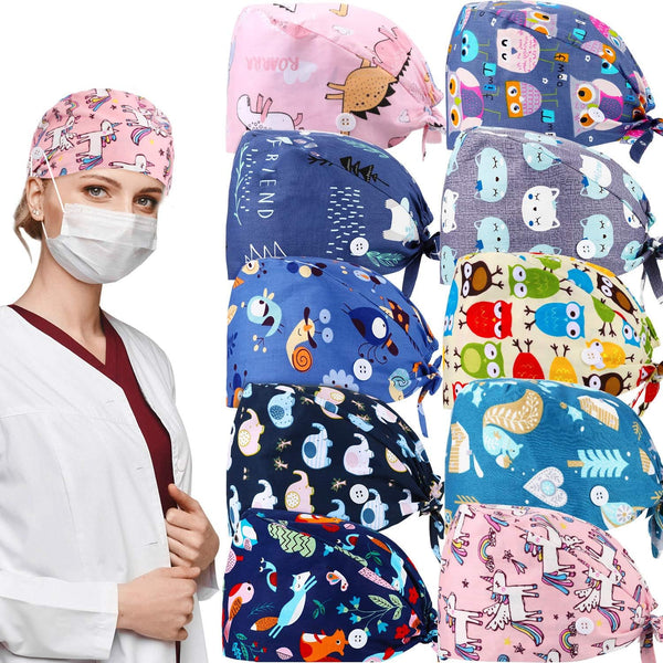 Geyoga 10 Pcs Women Nursing Scrub Caps, Surgical Cap with Buttons, Adjustable Breathable Turban Hats